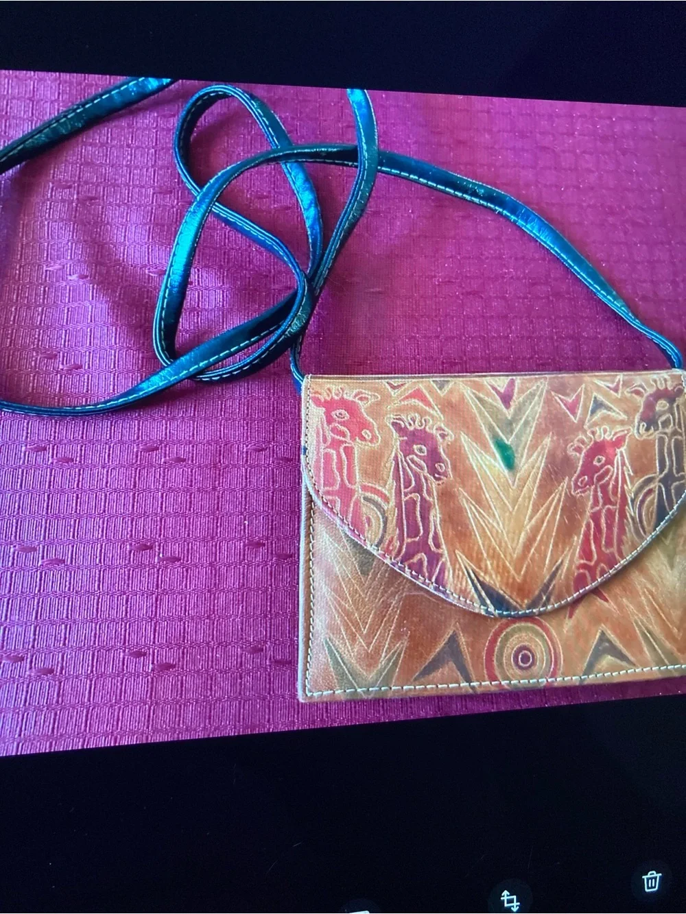 Tooled Leather Giraffe Tribal Multicolor Crossbody Clutch Purse Vintage India